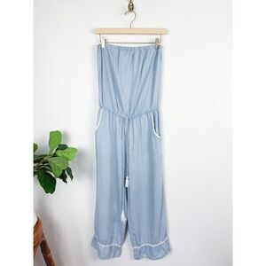 SAYLOR Blue Chambray Embroidered Boho Strapless Jumpsuit Sz S